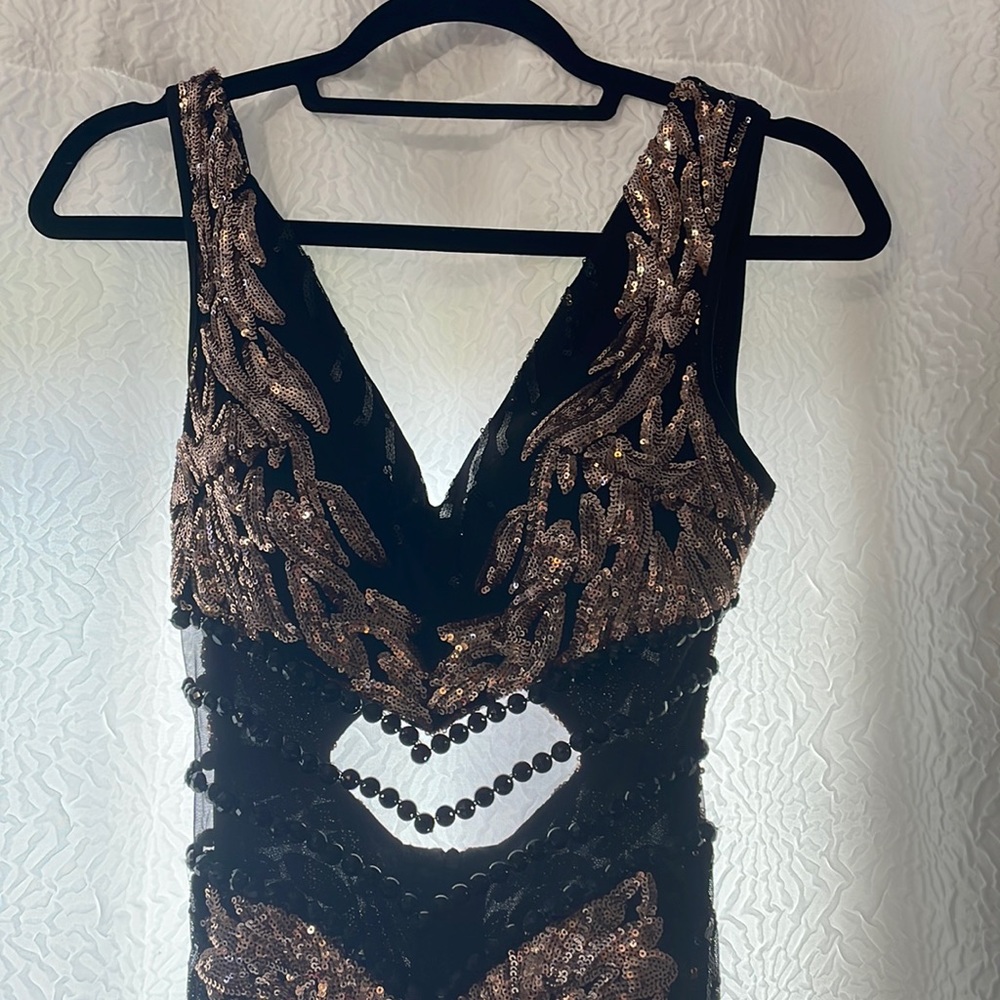 Black and Gold Sequin V-Neck Prom Dress